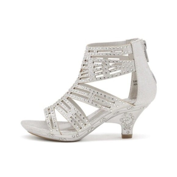 Girls High Heels 2" Zipper Ankle Rhinestones Wedding Dress Pump Sandals Size 2 - Picture 1 of 6
